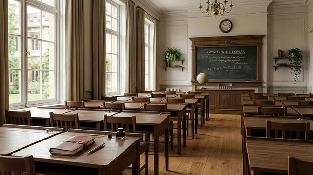 A vintage classroom setting with wooden desks and a chalkboard, sunlight streaming through windows