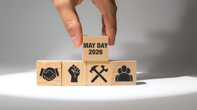 Hand placing may day 2020 block on labor icons displaying workers' rights concept
