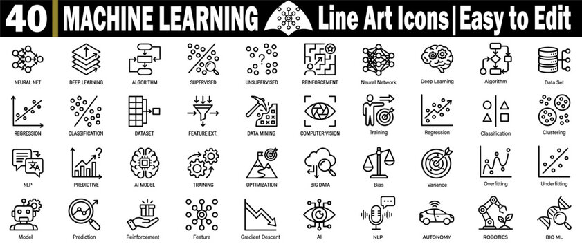 Machine learning line art icons set. Containing neural network, deep learning, algorithm, supervised, unsupervised, reinforcement, regression, and classification vector illustration.