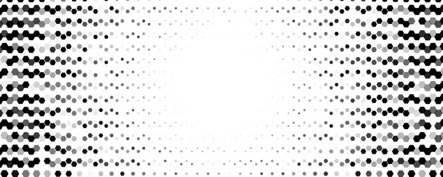 Hexagon halftone wave across center, motion, tech energy. Honeycomb dots create gradient, optical depth. Topics: tech, data. Use for banner, cover, web, presentation, print. Vector illustration