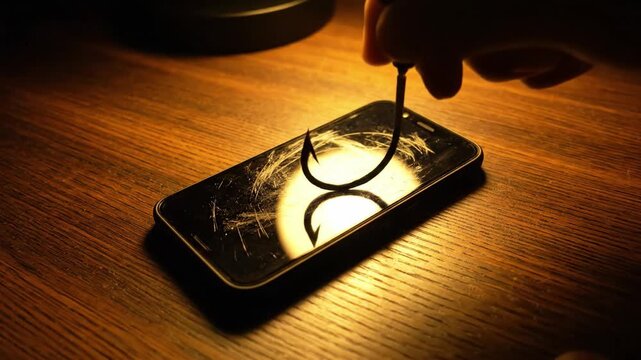 Hand scratches a smartphone screen with a large fishing hook. This rage bait scene evokes frustration through technology destruction. Use for social media psychology and tech videos.