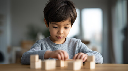 Naklejka premium Child playing with colorful wooden blocks at home representing learning, creativity and early education.