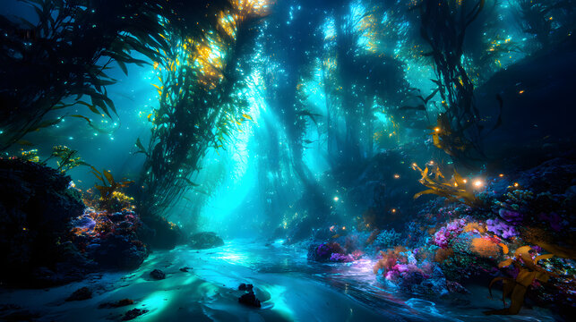 Endless dark deep sea terrain with seamounts and kelp forests fading into underwater horizon