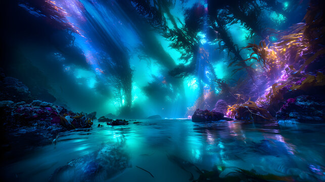 Endless dark deep sea terrain with seamounts and kelp forests fading into underwater horizon