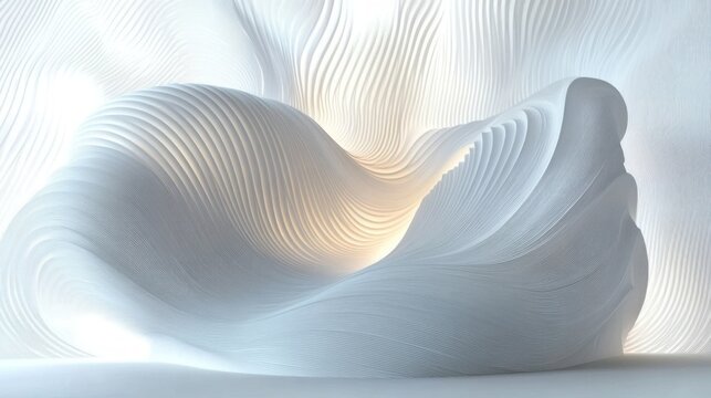 soft white layered ribbed forms and flowing curves like dunes with warm inner glow, serene minimalist and ethereal atmosphere