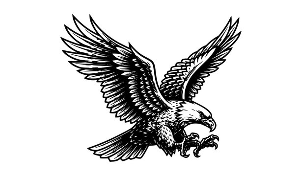 Vintage woodcut bald eagle mascot in dynamic swooping attack pose engraved vector illustration