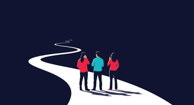 Three individuals standing on a long white winding road looking into a dark void representing the unknown future.
