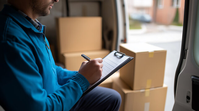 Delivery worker writing on clipboard inside van with packages representing logistics and shipping service.