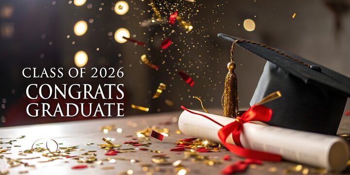 Graduation cap diploma confetti celebrating the class of 2026 with graduation, confetti