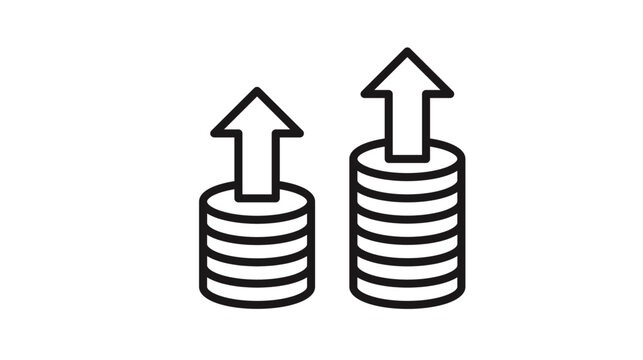 Vector icon illustration of two stacks of coins with upward arrows representing financial growth, profit increase, investment success, and economic progress on a white background.