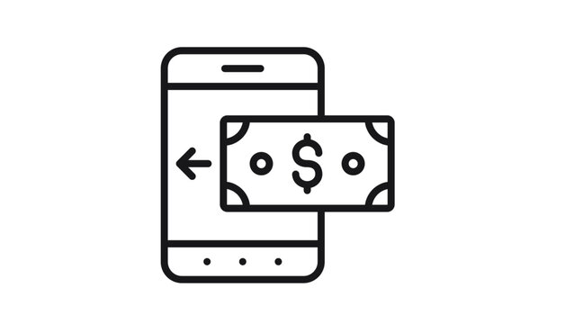 Mobile payment and digital wallet vector icon illustration. Black line art symbol of a smartphone with a dollar bill and arrow, representing online banking, money transfer, and electronic finance.