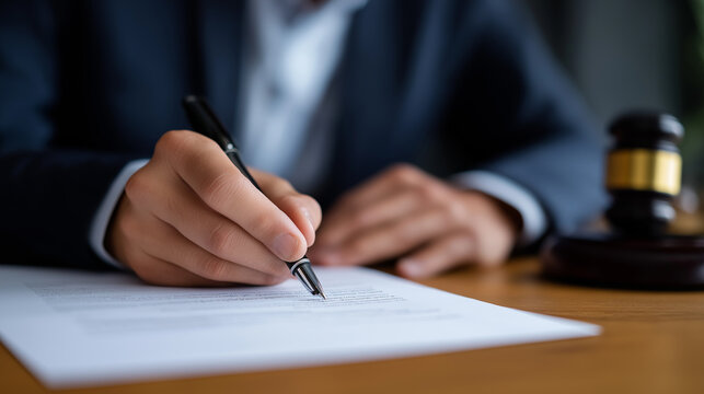 Businessman signing document with gavel on desk representing legal agreement and corporate law.
