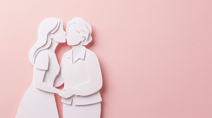Adult daughter kissing her elderly mother in refined paper-cut style with soft pink background, layered silhouettes expressing deep love, respect and emotional bonding for Mother's Day