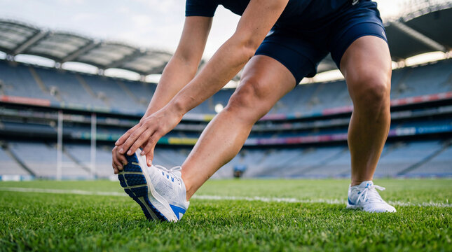 Athlete stretching leg warmup stadium grass fitness exercise before game on green sports field, focused preparation for running and injury prevention during outdoor training session