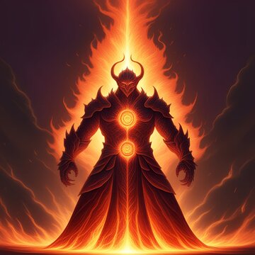 Majestic infernal guardian with glowing core and radiating power standing amidst swirling flames embodying a fierce and ancient mystical force.