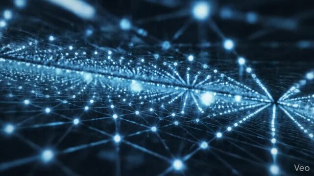 Futuristic neon blue digital technology grid pattern on dark abstract virtual screen background with glowing interconnected matrix nodes and cyber geometric net for electronic data visualization