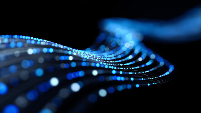Abstract blue digital wave with glowing particles representing data flow and modern technology.