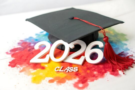 Graduation cap with class of 2026 text on colorful paint splatter graduation mortarboard