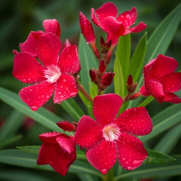 Red oleander flowers with dew drops - vibrant garden blooms