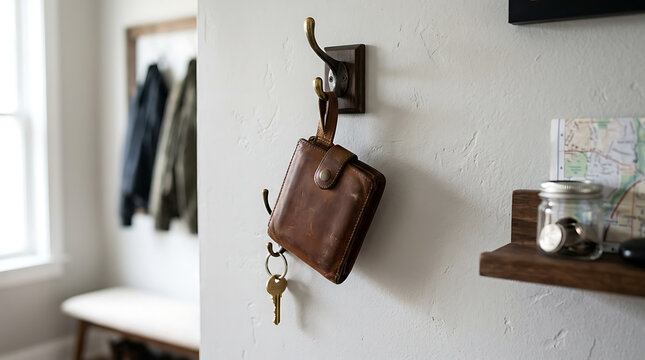 Brown leather bag hanging on a hook with keys and shelf in a room