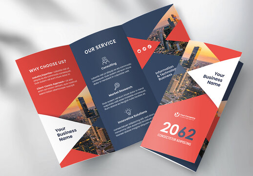 Modern Corporate Business Tri-fold Brochure Template with Geometric Red and Black Design