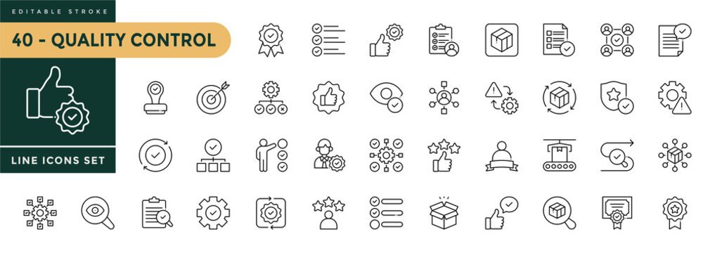 A collection of Quality Control icons set with editable stroke, including quality, process, testing, evaluation, inspection, product. Thin linear vector illustration.