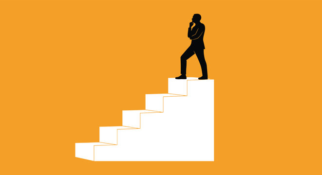 Thinking silhouette of a businessman standing at the top of a flight of stairs in a reflective pose against a solid orange background color.