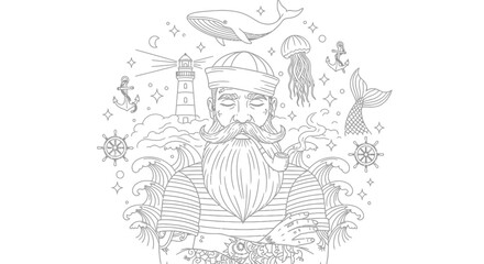 Obraz premium Illustration of a mystical bearded man surrounded by ocean creatures and a lighthouse
