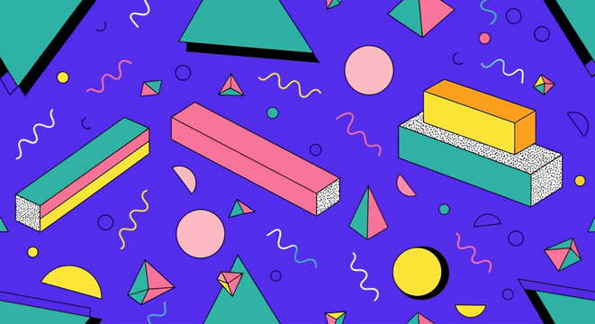 Vibrant geometric shapes and colorful objects scattered on a purple background
