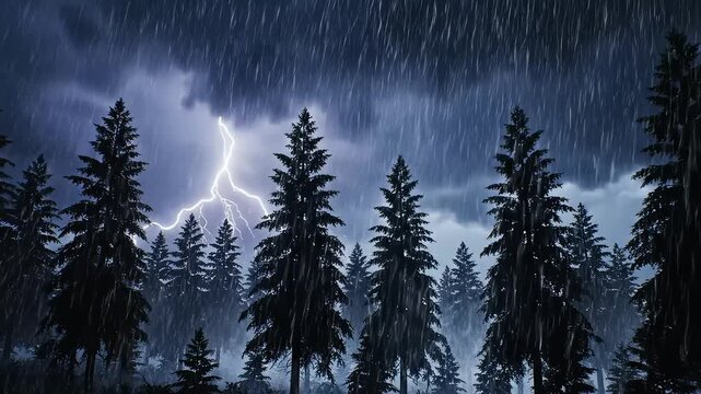 Lightning strikes forest during storm for environmental projects, nature documentaries, and commercials