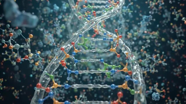 Deoxyribonucleic acid helix, intricate molecular structure rotating dynamically, revealing genetic code, complex biological formation, scientific research, biotechnology concept, microscopic life.