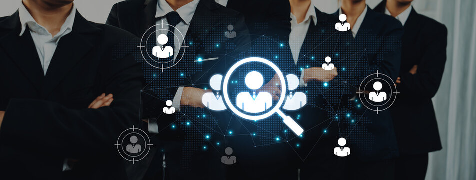 Concept of global talent acquisition and human resources. The process of headhunting and searching for qualified candidates worldwide to build a professional corporate workforce. Fermion