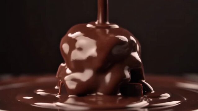 Close-up of luscious melted dark chocolate pouring over a stack of rich brownie pieces, creating a luxurious and tempting sweet treat, perfect for indulgence