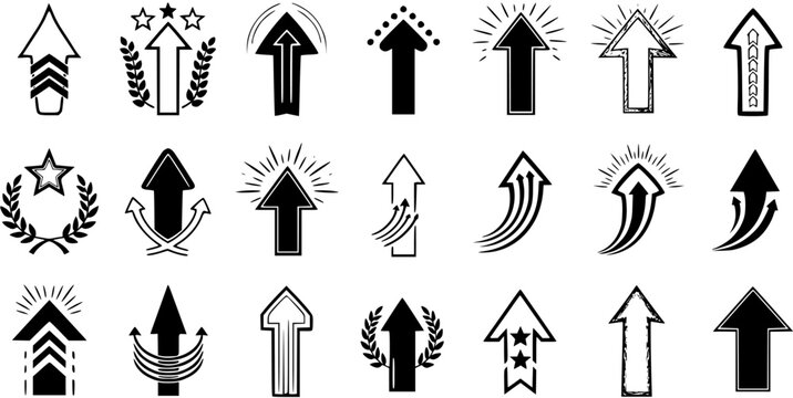 Diverse collection of upward arrow icons for growth, success, progress, and upload. Various styles including outlined, solid, with stars, laurels, and motion effects, isolated on white.