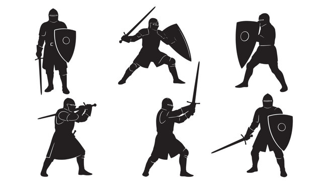 Knight warrior silhouette set with shields, swords, and spears for medieval combat poster design featuring shield icon, spear fighter, battle stance
