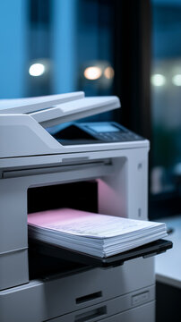 Modern office printer printing stack of documents in a corporate workspace environment.