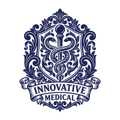 Obraz premium Ornate heraldic emblem featuring a caduceus symbol and a banner with 'INNOVATIVE MEDICAL' text, rendered in a vintage, intricate blue design.
