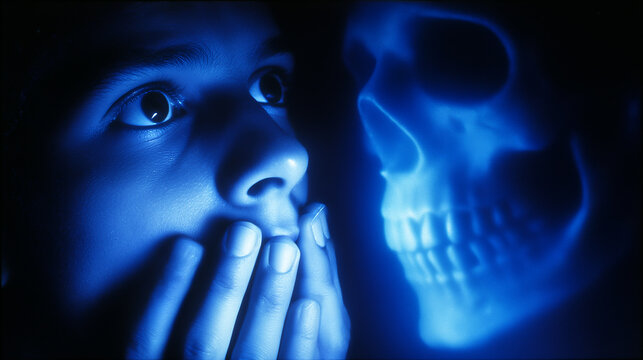Scared Child Covering Mouth with Skull Shadow Concept Fear Anxiety and Imagination in Dark Blue Lighting