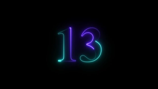 Neon glowing text 13 number icon on black background 4k animation. Neon number 13 with alpha channel, Green and purple neon 13 number. animation