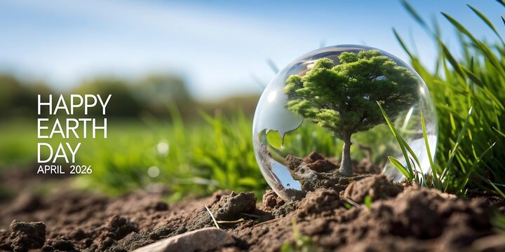 Happy earth day with a small tree inside a water droplet on soil small tree