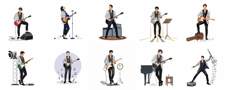 Set of ten stylized illustrations of male musicians in sparkly silver suits playing electric guitars in various poses on a white background.