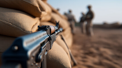 Obraz premium Assault rifle positioned on sandbags in trench during military patrol in desert combat zone.