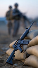 Obraz premium Assault rifle positioned on sandbags in trench during military patrol in desert combat zone.
