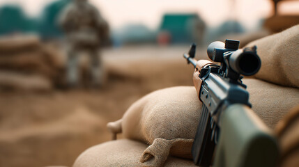Obraz premium Assault rifle positioned on sandbags in trench during military patrol in desert combat zone.