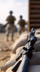 Obraz premium Assault rifle positioned on sandbags in trench during military patrol in desert combat zone.