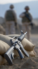 Obraz premium Assault rifle positioned on sandbags in trench during military patrol in desert combat zone.