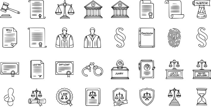Hand-drawn doodle style law and justice icons set. Collection of legal symbols like gavel, scales, court, judge, documents, handcuffs, fingerprint, constitution, and more.