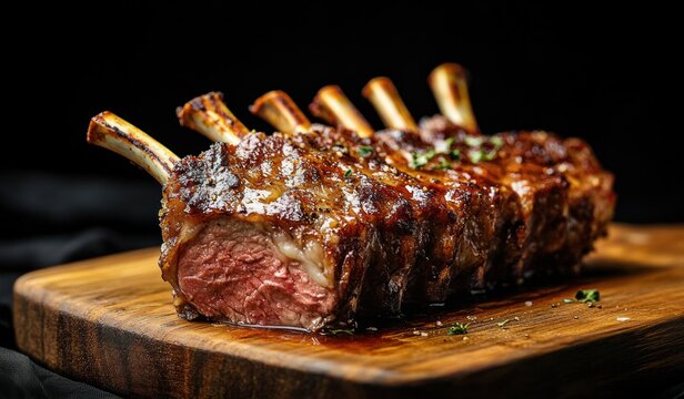 Juicy roasted rack of lamb with caramelized crust and exposed frenched bones on a wooden cutting board, medium-rare interior, savory and indulgent