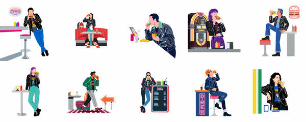 Fototapeta premium Illustration set of young people wearing leather jackets and eating burgers in retro American-style diner settings with jukeboxes and neon lights.