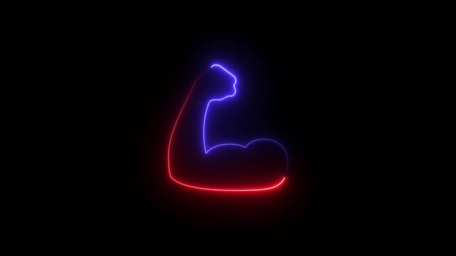The blinking glowing neon of muscle icon, on a black background and 4k video animation.